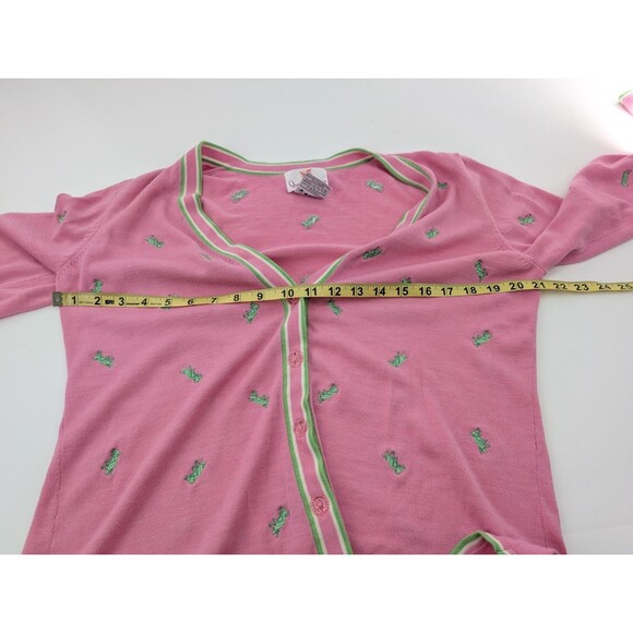 Quacker Factory Pink Silk Cotton Green Grasshoppers Cardigan Sweater Size Small - Picture 5 of 8